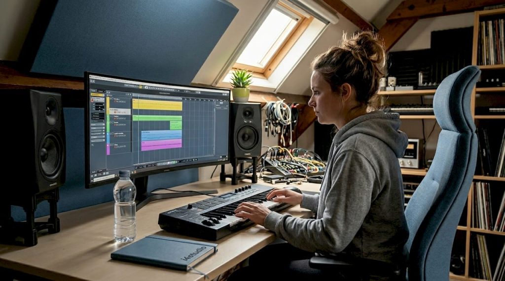 Un producteur travaille chez lui dans son studio avec un logiciel de production musicale.