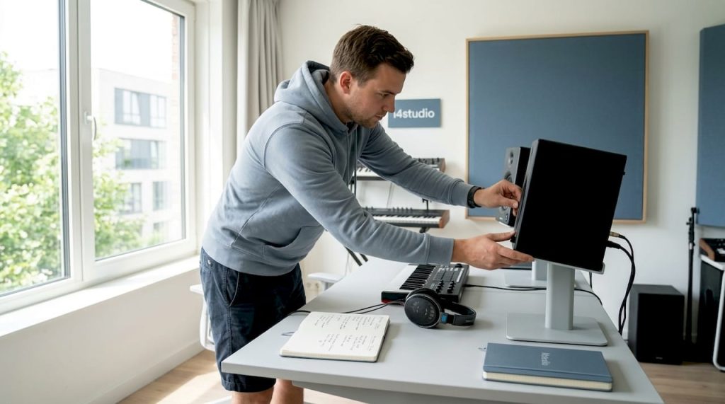 Un producteur audio qui installe et règle les moniteurs de studio.