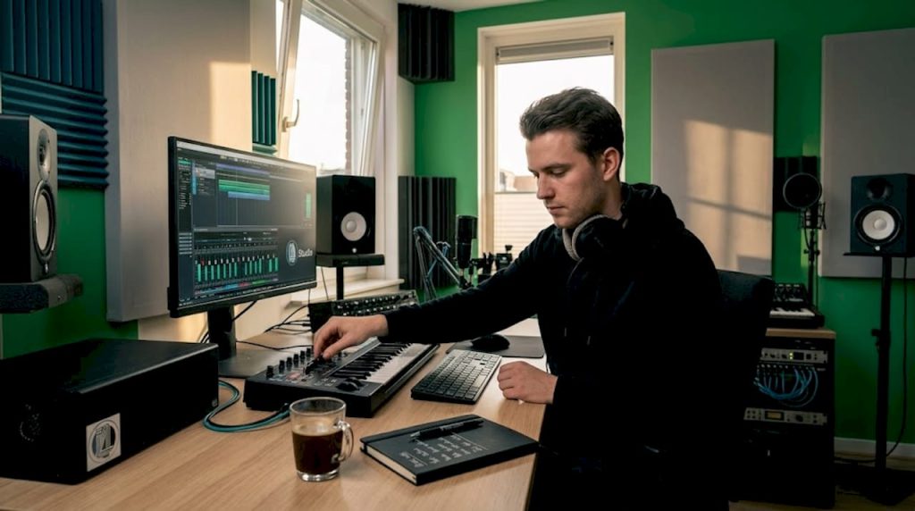 Un producteur de musique au travail derrière son bureau dans un studio à domicile.