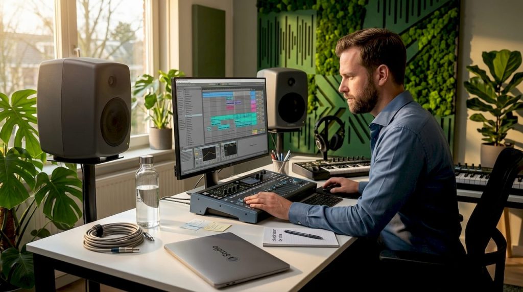 Un homme assemble un PC audio dans son studio à domicile