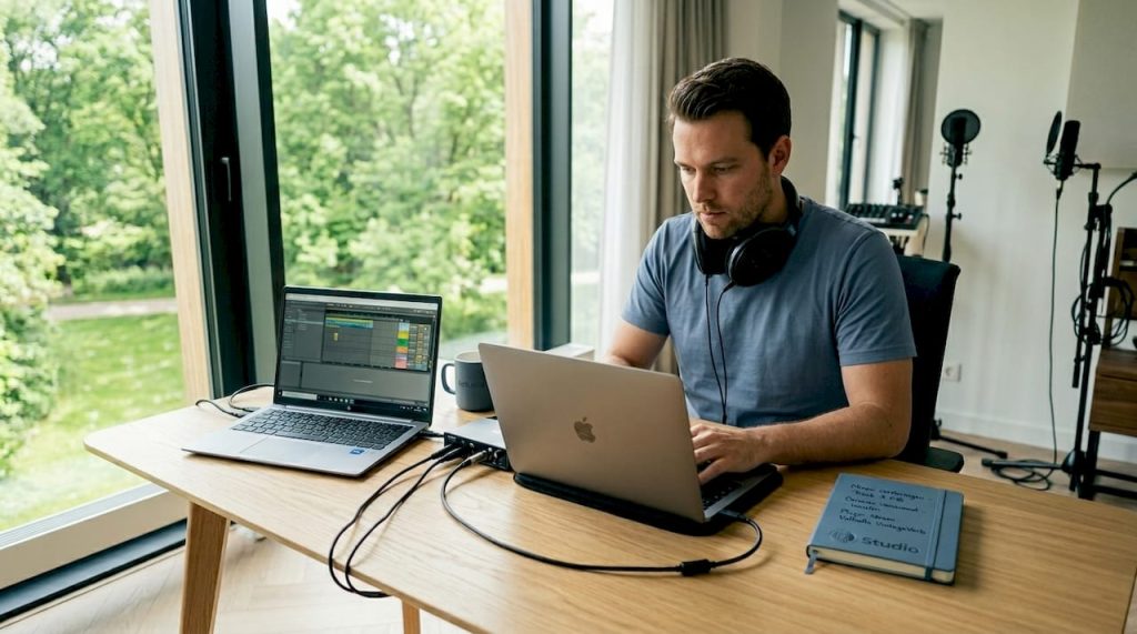 Dans mon home studio, je travaille avec deux ordinateurs portables équipés d'Ableton Live.