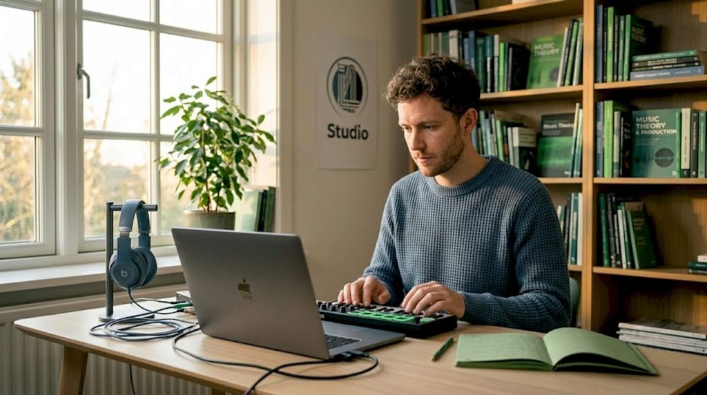 Een muziekproducer is bezig met produceren achter zijn laptop in zijn eigen thuisstudio.