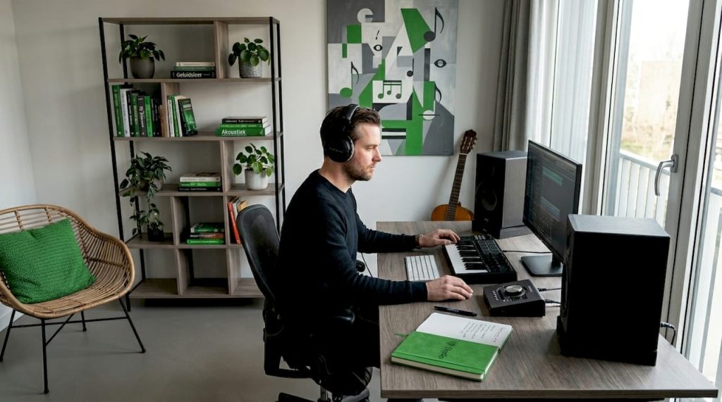 Een muziekproducer checkt zijn mix op nearfield monitors in de studio.
