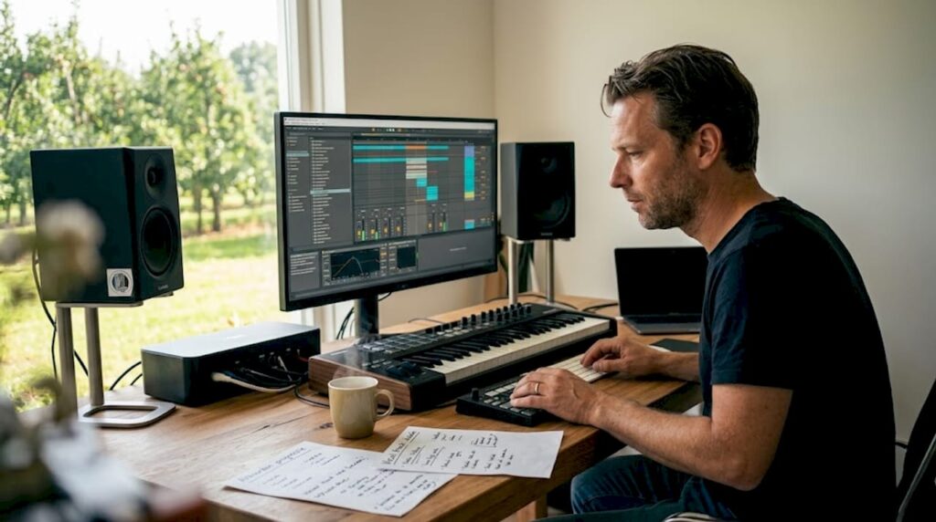 Un producteur de musique travaille à domicile et utilise largement les bibliothèques d'échantillons.