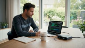 Een audio-interface aangesloten op een laptop, gewoon bij iemand thuis.