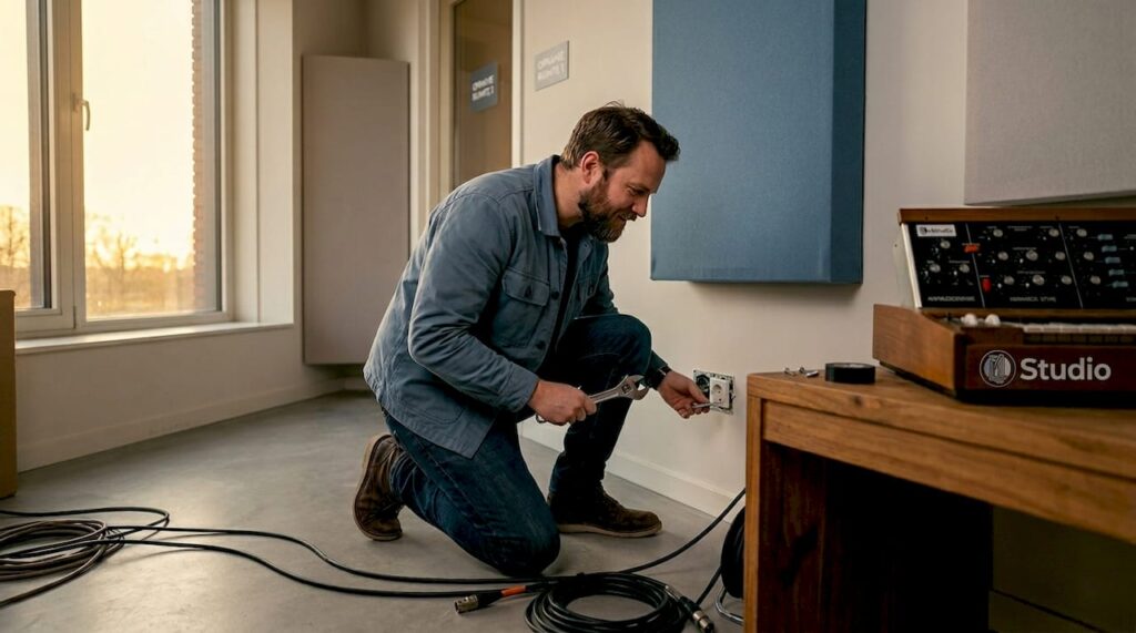 Een man inspecteert het geaarde stopcontact in de studio.