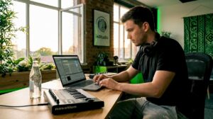 Muzikant zet zijn laptop met Ableton klaar voor het optreden