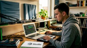 Een beginnende muziekproducer die lekker thuis aan de slag gaat in zijn eigen studio.