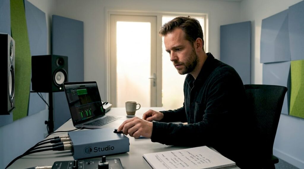 In de studio is de producer bezig met een audioconverter.