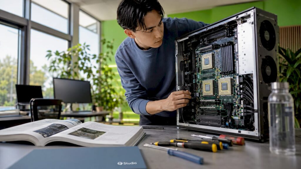 Een technicus controleert de hardware van een AI-computer.