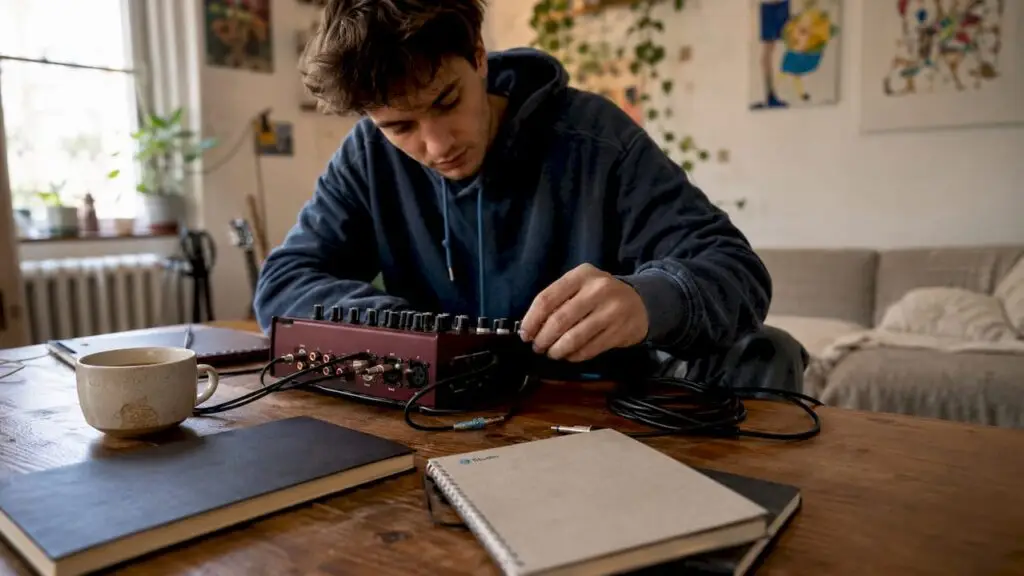 Muzikant richt een compacte studiowerkplek in
