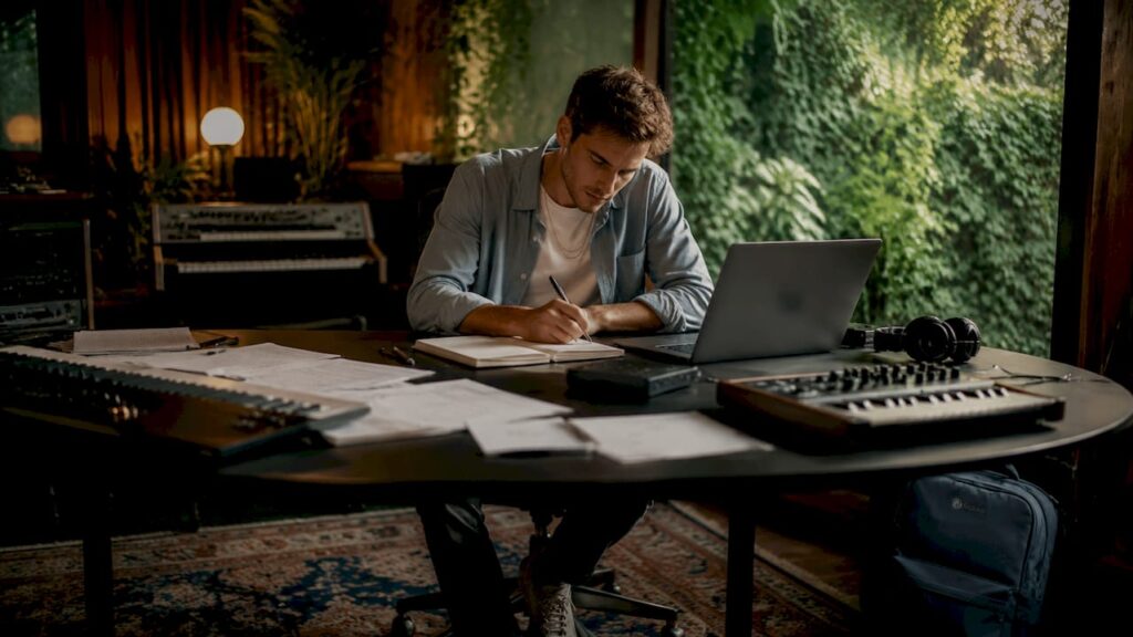 Un producteur de musique travaille en studio avec un disque SSD.