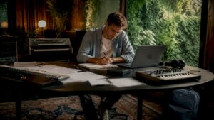 Un producteur de musique travaille en studio avec un disque SSD.