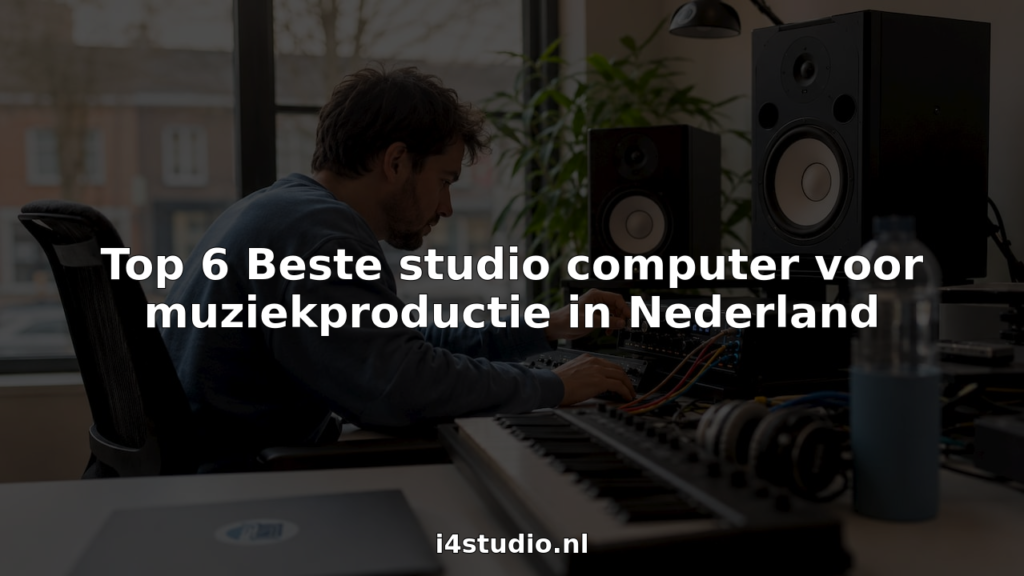 Een muziekproducer aan het werk achter zijn computer in de studio, verbonden met een audio-interface.
