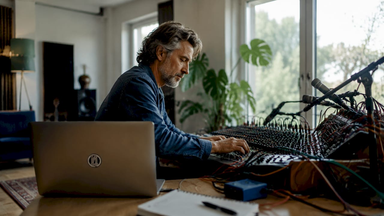 Enregistrement en studio : guide complet pour les musiciens et les producteurs 9 Een muzikant stelt het geluid af achter het mengpaneel in de studio.