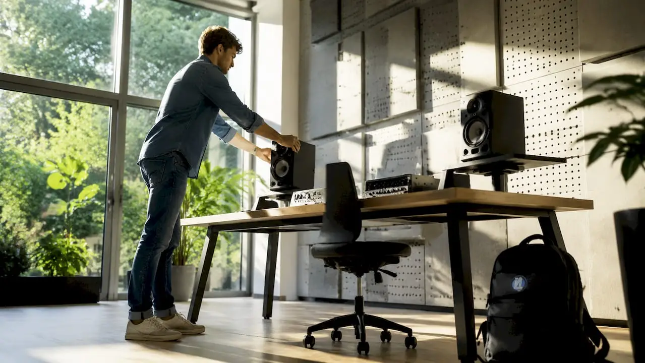 Pourquoi le placement des enceintes peut faire ou défaire votre studio 4 Een geluidstechnicus die het geluid van de studiomonitoren nauwkeurig afstemt.