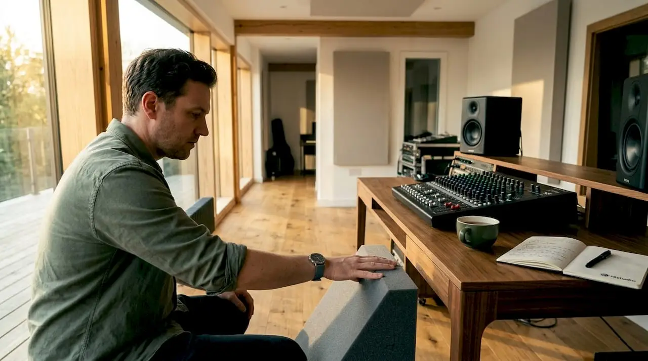 Pourquoi les « bass traps » acoustiques sont indispensables dans votre studio 3 Een muzikant bekijkt in de studio aandachtig de basstrap.