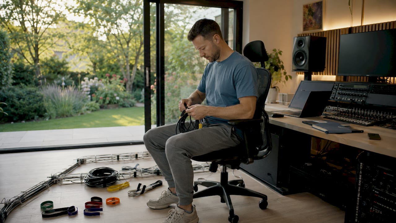 Pourquoi la gestion des câbles est indispensable dans votre studio 1 Een technicus werkt kabels netjes weg in een opnamestudio aan huis.