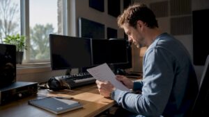 L'ingénieur du son vérifie la liste de contrôle de l'ordinateur du studio