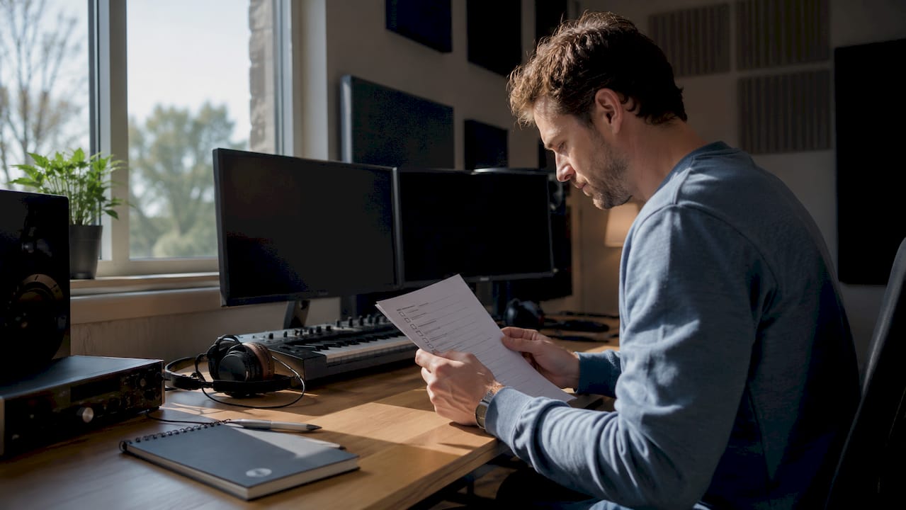L'ingénieur du son vérifie la liste de contrôle de l'ordinateur du studio