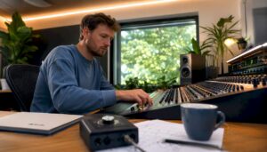 Geluidsengineer bezig met het bewerken en optimaliseren van het geluid bij videoproducties.