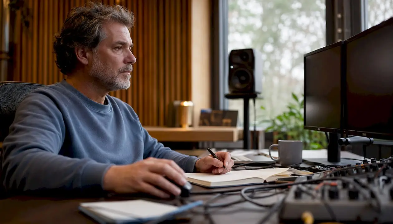 Pourquoi les configurations à deux écrans améliorent-elles chaque studio ? 5 Een geluidstechnicus werkt in de studio met twee beeldschermen naast elkaar.