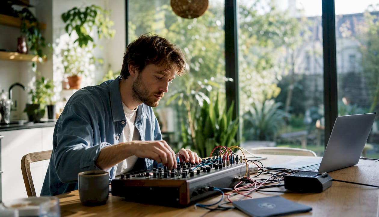 Présentation des synthétiseurs audio pour les musiciens et les producteurs 4 Een muzikant draait aan de knoppen van een analoge synthesizer om het geluid precies goed af te stellen.