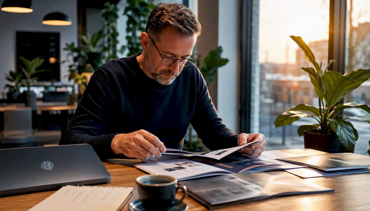 Les meilleures alternatives à Studiocare pour les acheteurs néerlandais 8 Een man bekijkt verschillende alternatieven voor Studiocare aan zijn bureau.