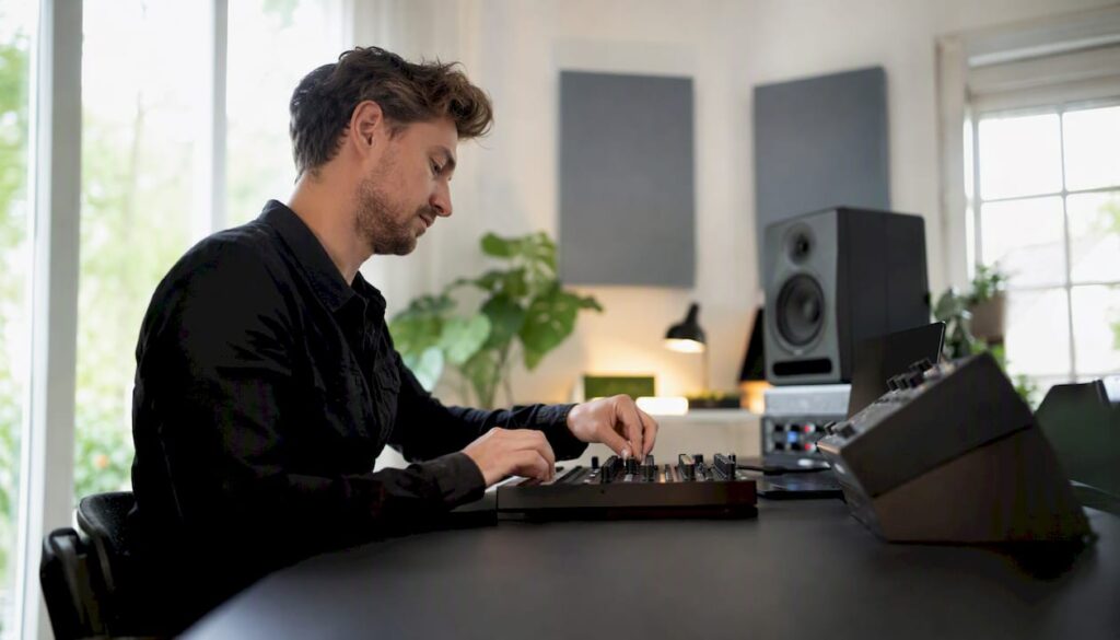 Handen bedienen een MIDI-controller en een mengpaneel
