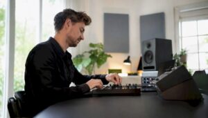 Handen bedienen een MIDI-controller en een mengpaneel