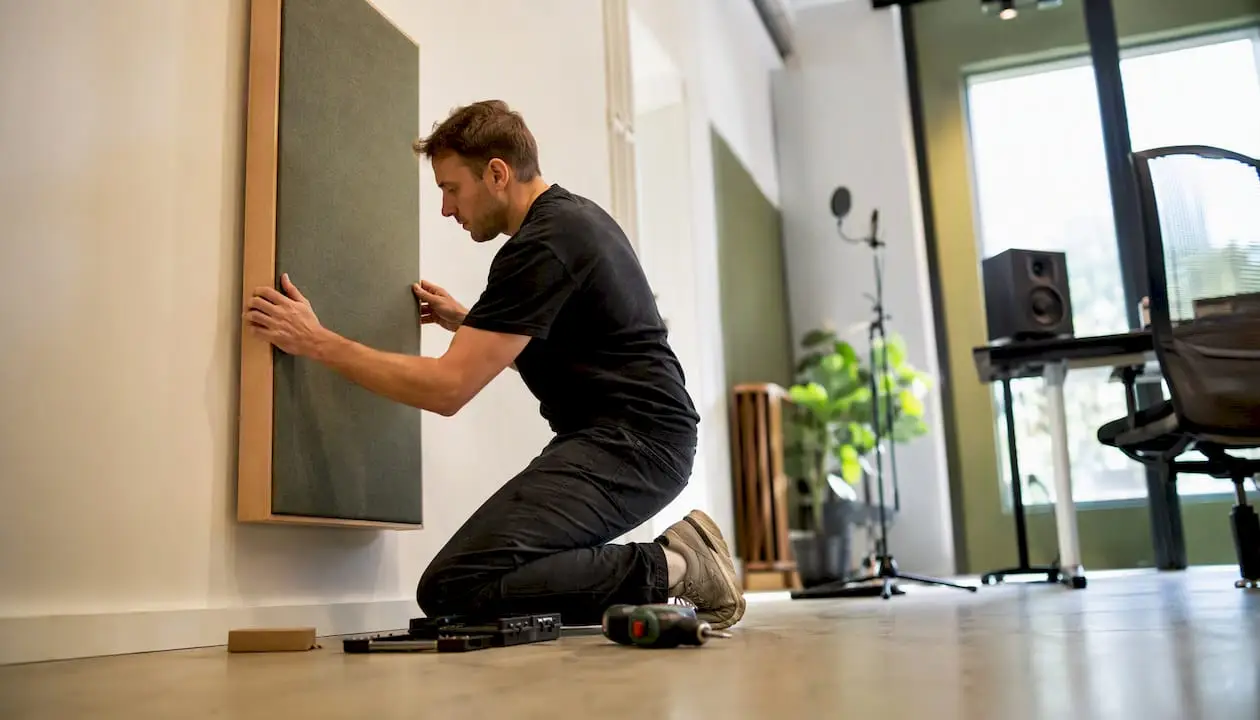 Quelle doit être l'épaisseur des panneaux acoustiques ? 3 Een paar handen bevestigen een dik geluidsabsorberend paneel aan de muur van een thuisstudio.