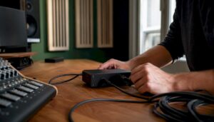 Iemand sluit een kabel aan op een bromonderdrukker.