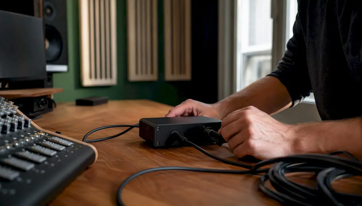 Utilisation de l'Hum Eliminator : guide à l'intention des musiciens 2 Iemand sluit een kabel aan op een bromonderdrukker.
