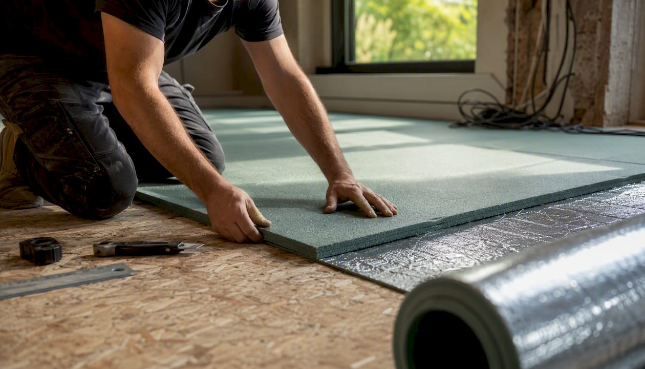 Plancher flottant pour votre studio d'enregistrement : guide complet 7 Detailopname van het aanbrengen van vloerisolatie bij een zwevende vloer