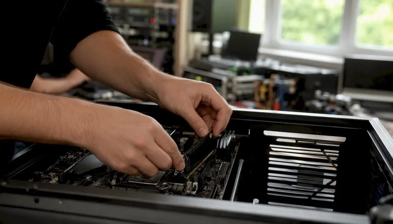 Caractéristiques techniques d'un PC de studio capable de faire tourner plusieurs DAW 6 Iemand plaatst nieuwe RAM-geheugenmodules in een pc in de studio.