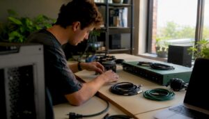Met zorg worden losse computeronderdelen in elkaar gezet tot een op maat gemaakte studio-pc.