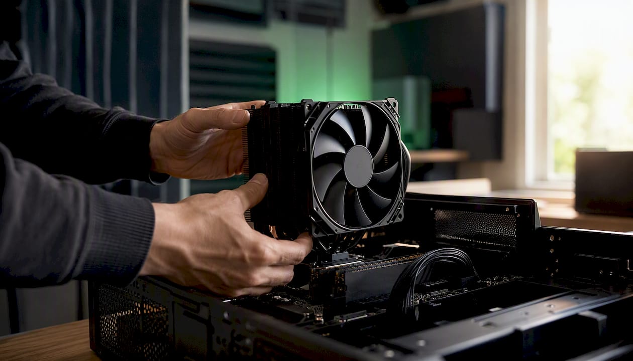 Construire un PC de bureau silencieux : le guide complet pour 2026 4 Een paar handen monteert een stille processorkoeler in een studio-pc.
