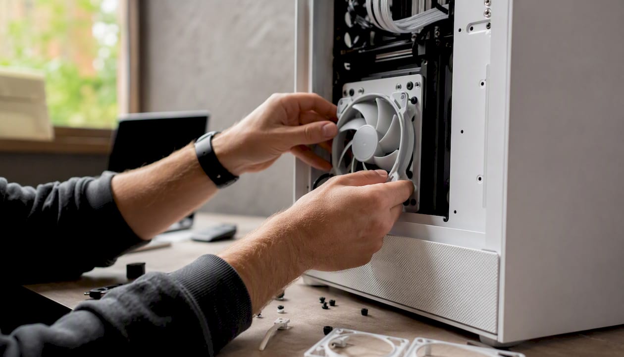 Refroidissement silencieux d'un PC de bureau : comment monter une configuration silencieuse 3 Iemand plaatst een stille ventilator in de behuizing van een studio-pc.