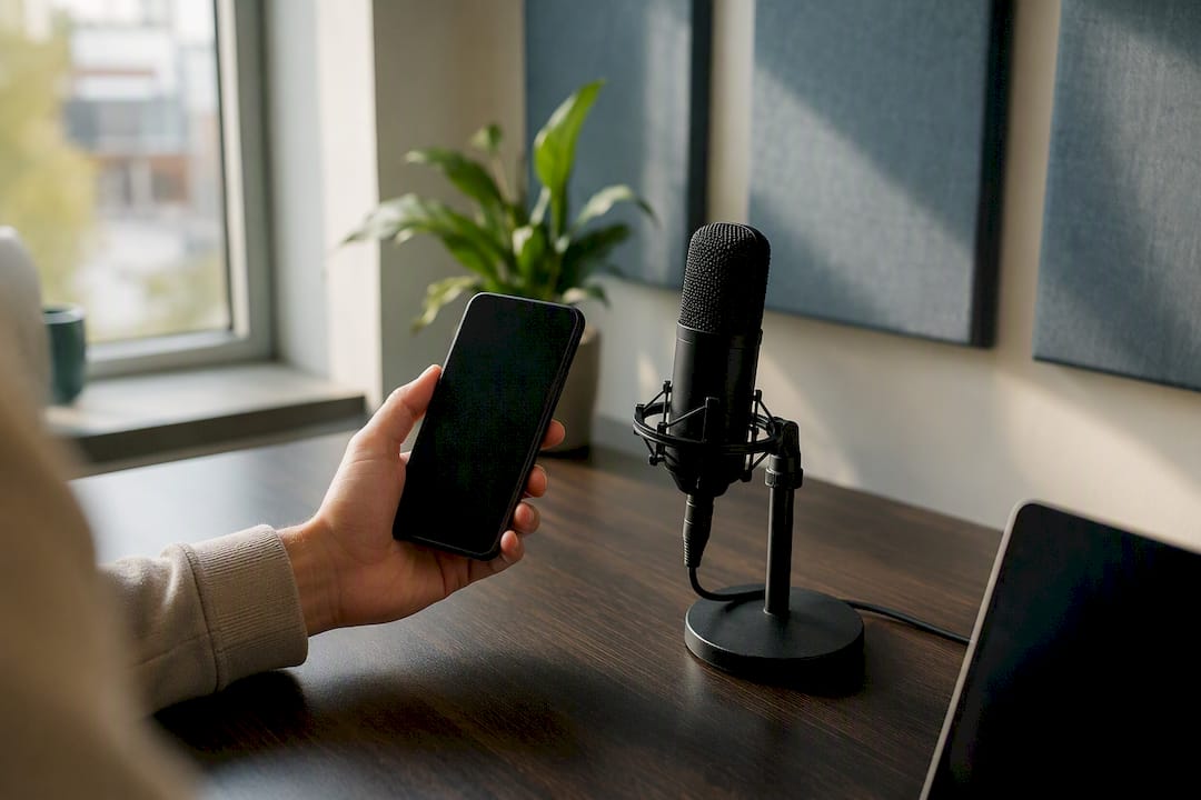 Enregistrement audio : commencez rapidement et gratuitement avec la bonne application 2 Een hand houdt een smartphone vast, terwijl er een microfoon klaarstaat in een huiselijke studio.