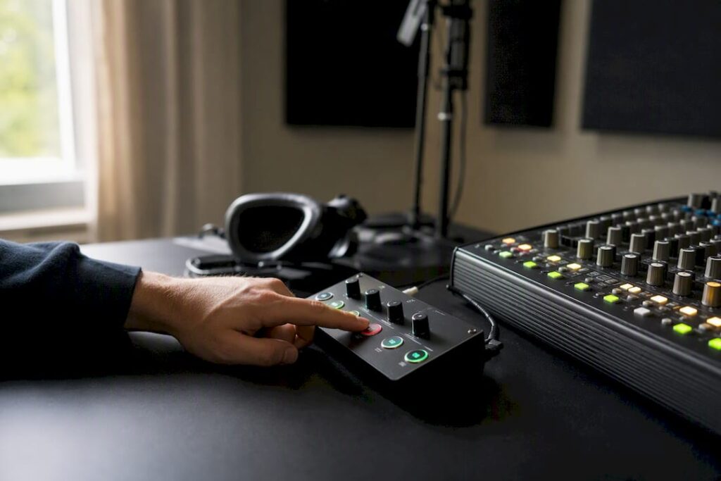 Hand drukt op knop van compacte talkback-controller