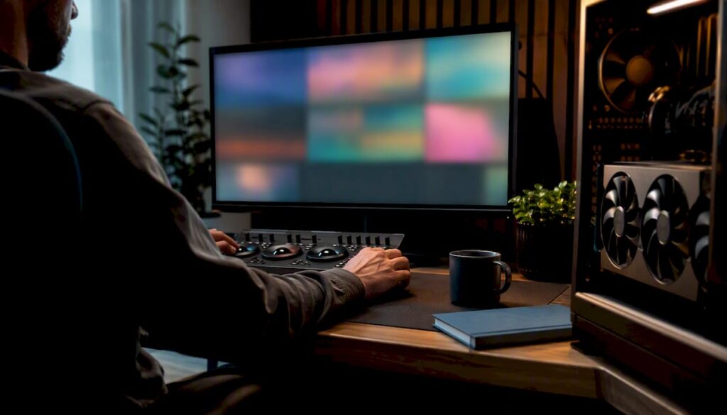 Poste de travail dédié au montage vidéo équipé d'un matériel informatique non spécifié