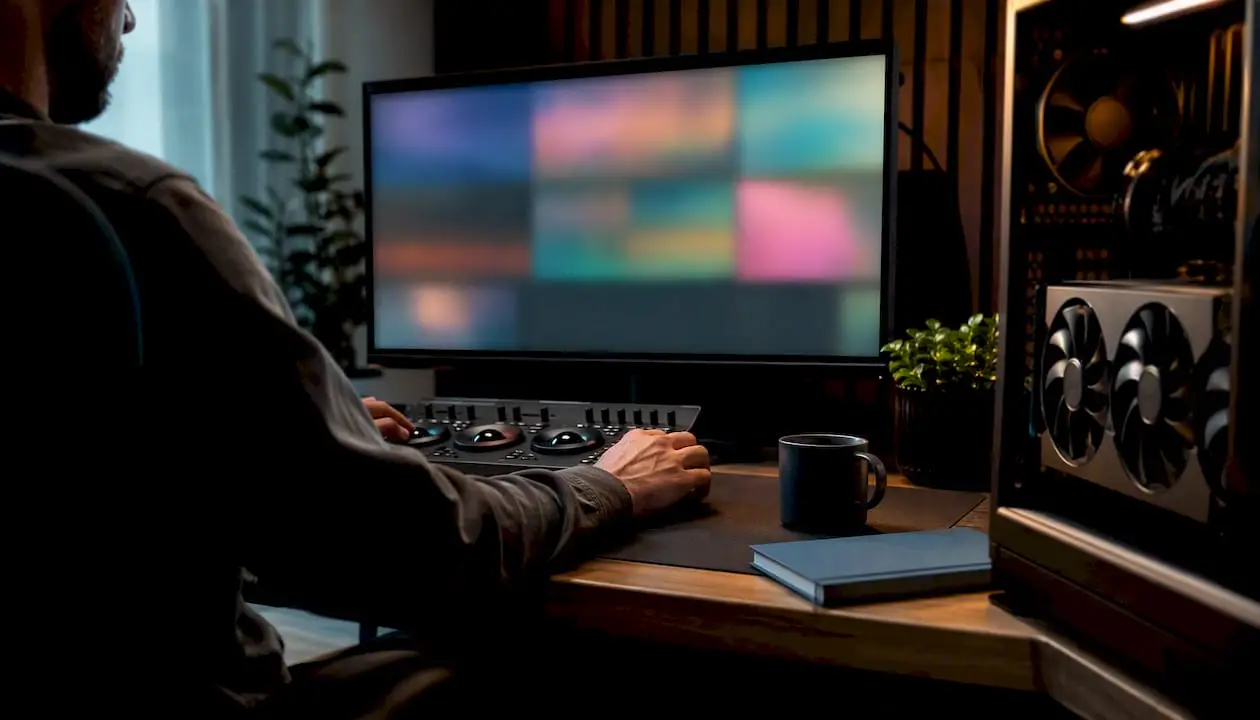 Poste de travail dédié au montage vidéo équipé d'un matériel informatique non spécifié