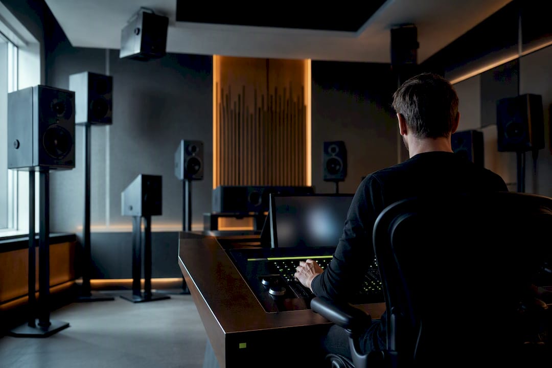 Salle de contrôle Atmos avec disposition des enceintes en surround