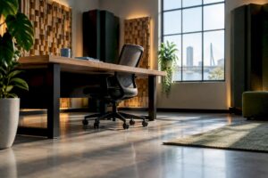 Studio équipé de panneaux acoustiques et d'un bureau ouvert