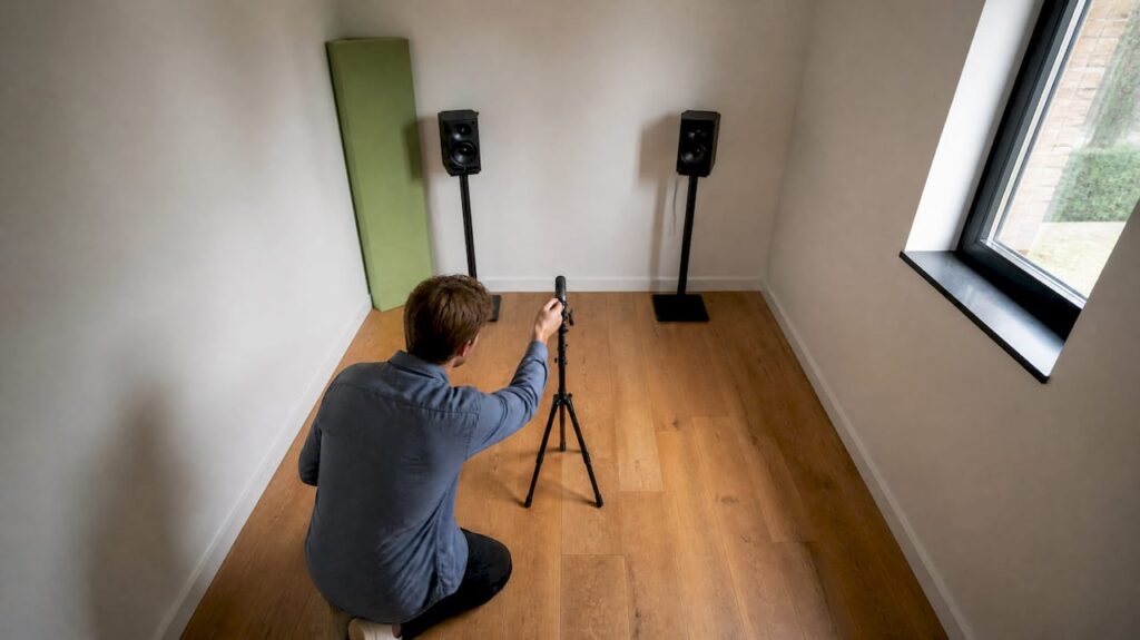 Studio à domicile équipé d'un microphone de mesure et d'enceintes de monitoring