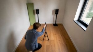 Studio à domicile équipé d'un microphone de mesure et d'enceintes de monitoring