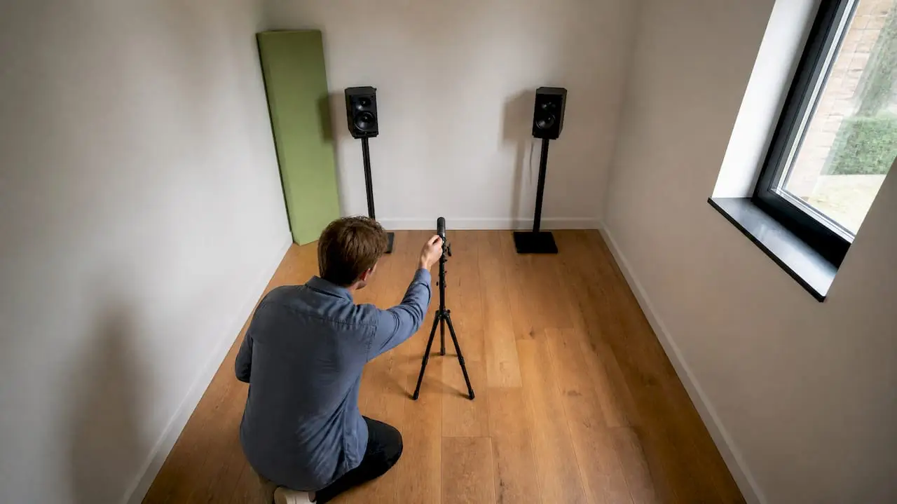 Studio à domicile équipé d'un microphone de mesure et d'enceintes de monitoring