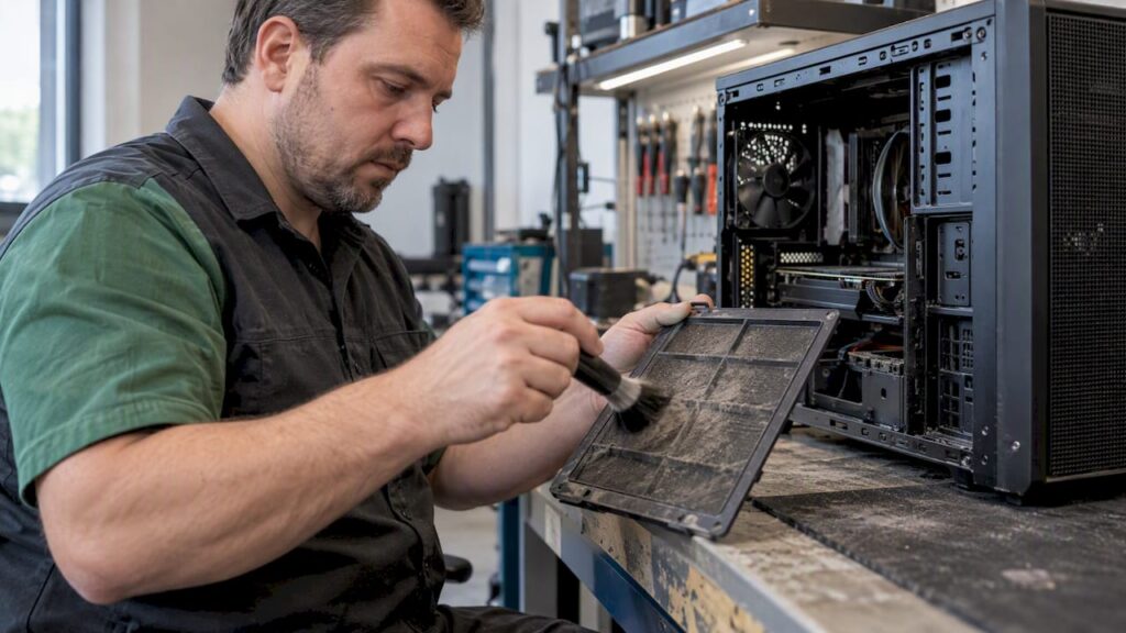 Un technicien nettoie le filtre d'un PC sur l'établi