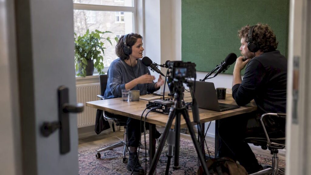 Deux animateurs enregistrent un podcast vidéo