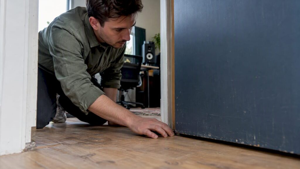 Le propriétaire du studio jette un coup d'œil par la fente de la porte